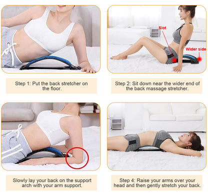 The four setup steps printed by the supplier: place it on the floor, sit near the wider end, lay back slowly with arm support, then raise arms overhead
