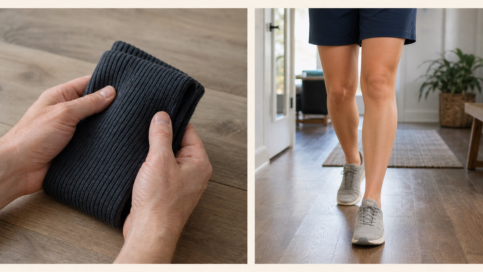 Hands holding a plain unbranded knitted tube beside an adult woman walking indoors without a sleeve